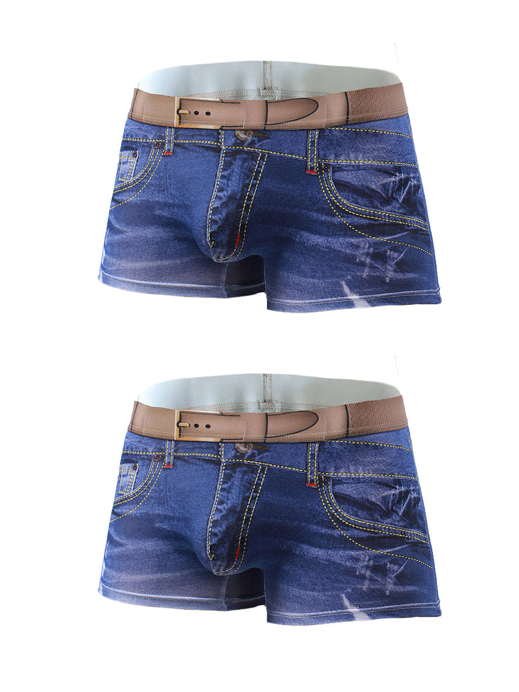 2 Pack Men's Denim Printed Cotton Boxer Briefs