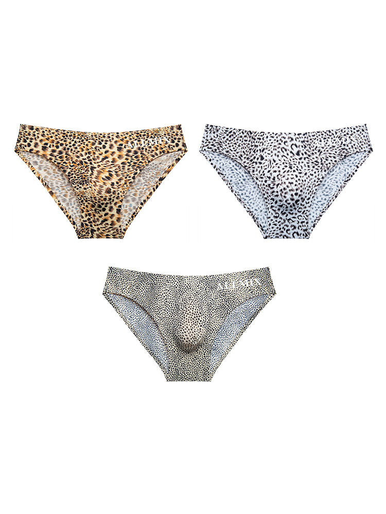 3 Pack ALLMIX Men's 3D Pouch Sexy Leopard Print Ice Silk Briefs
