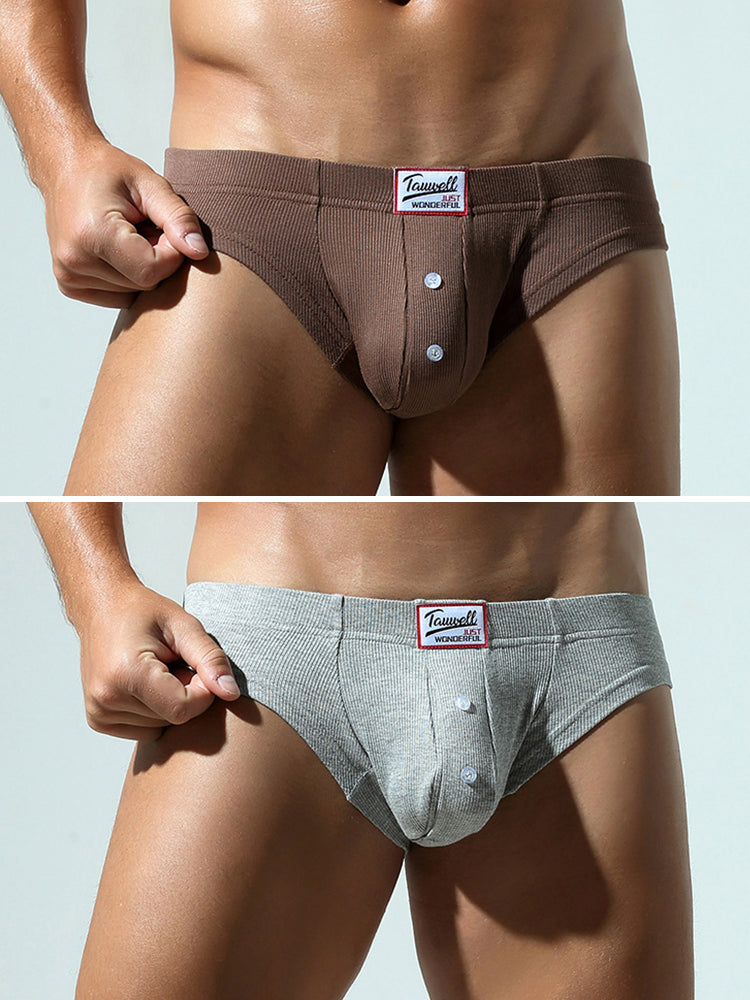 2 Pack Men's Ribbed Briefs with Decorative Button and Contour U-Pouch