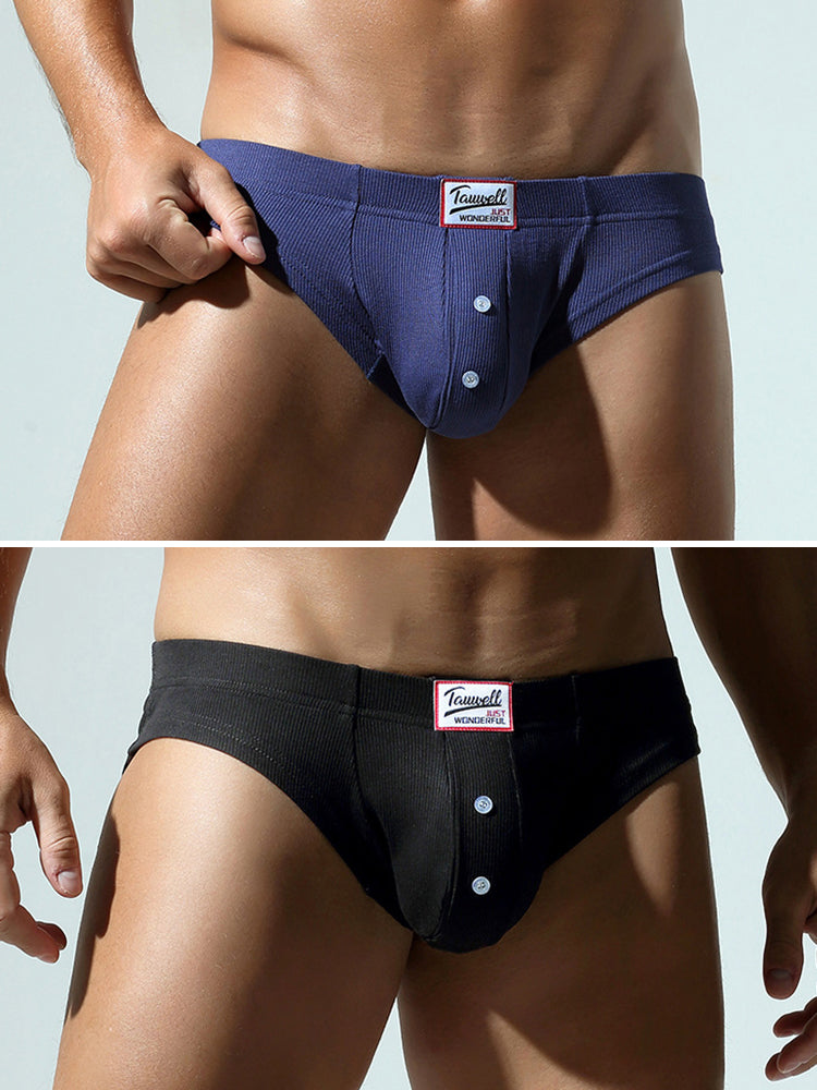 2 Pack Men's Ribbed Briefs with Decorative Button and Contour U-Pouch