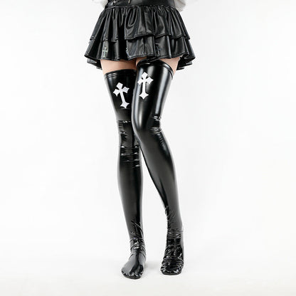 Cross Print Patent Leather Thigh Highs