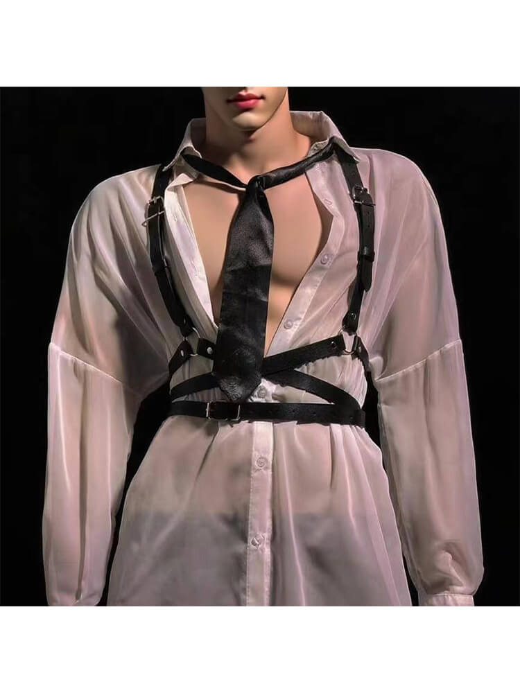 Men's Sexy Bondage Strappy Shirt & Tie Costume Set