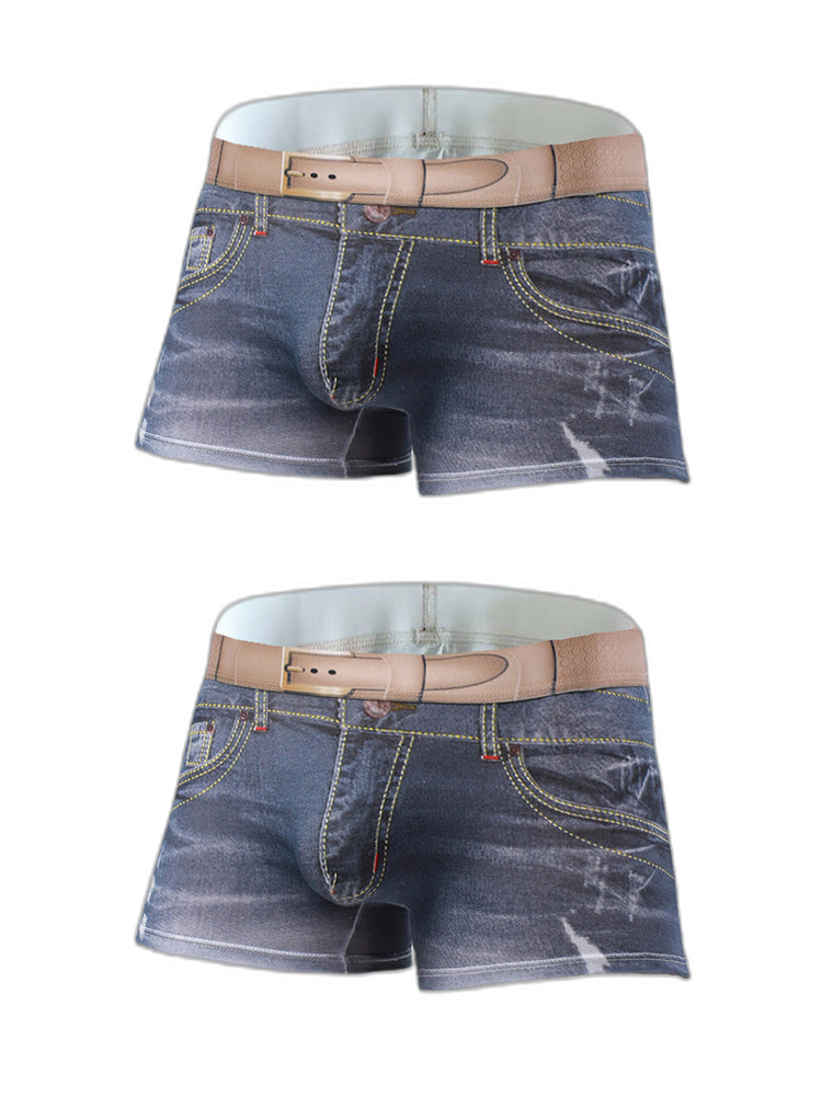 2 Pack Men's Denim Printed Cotton Boxer Briefs