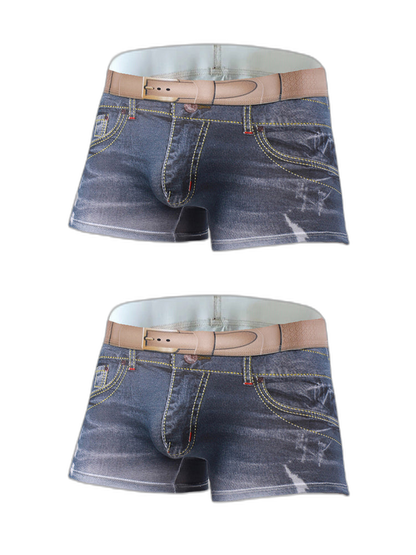2 Pack Men's Denim Printed Cotton Boxer Briefs
