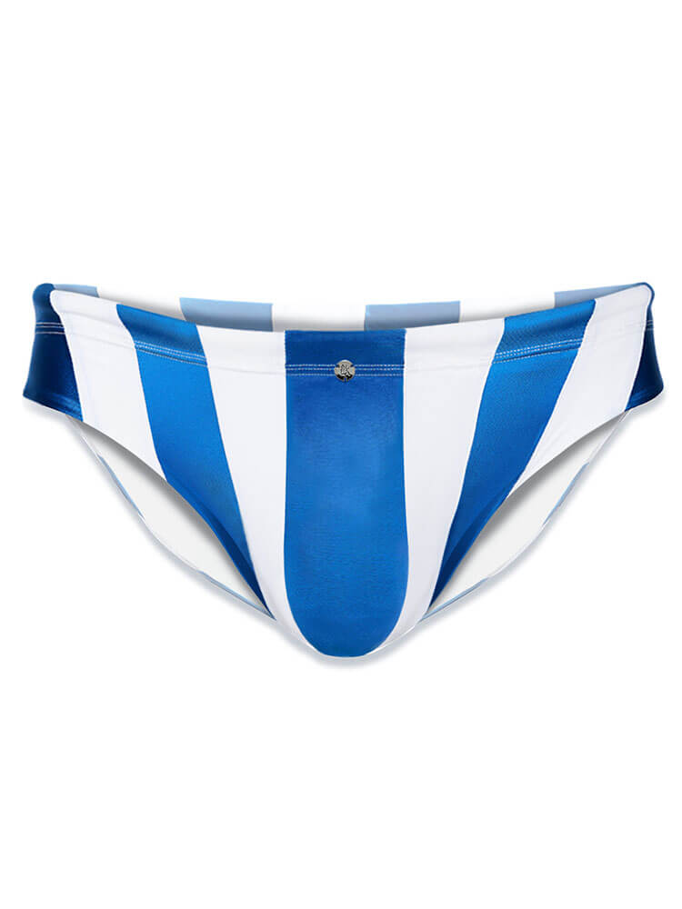 Men's Blue And White Striped Semi-Cheeky Swim Briefs