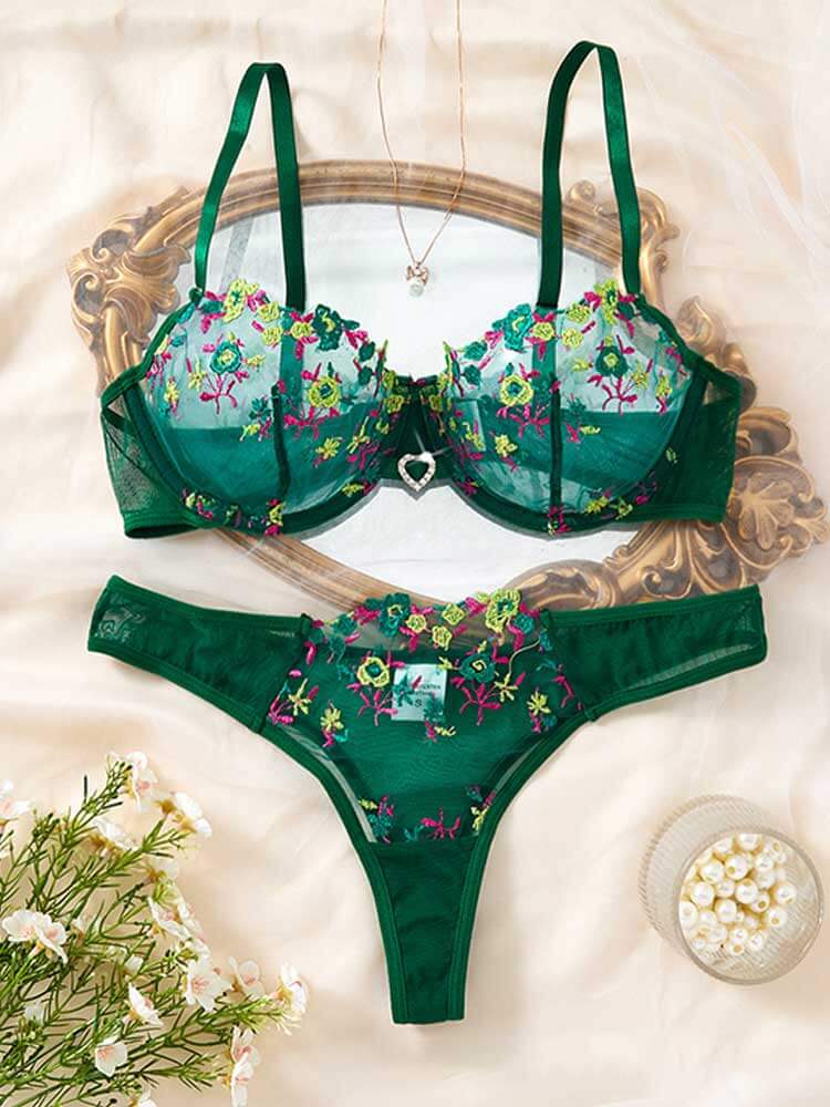 Men's Sexy Floral See-Through Mesh Bra Briefs Set