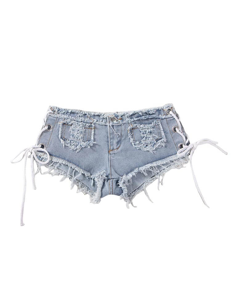 Sexy Side-Slit Tie-Up Low-Rise Frayed Hem Shorts