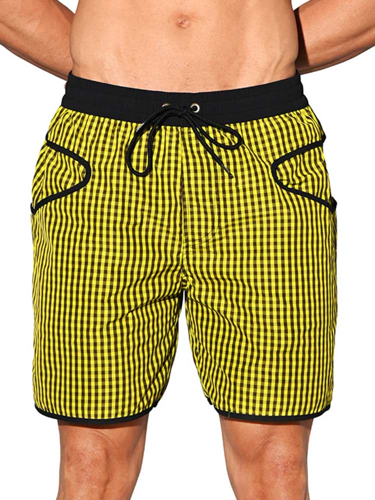 Men's Plaid Quick-Dry Drawstring Swim Shorts