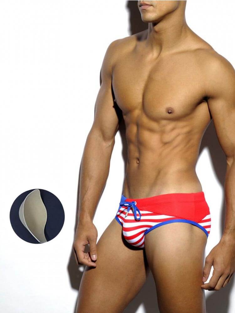 Men's Striped Colorblock Lace-Up Swim Briefs