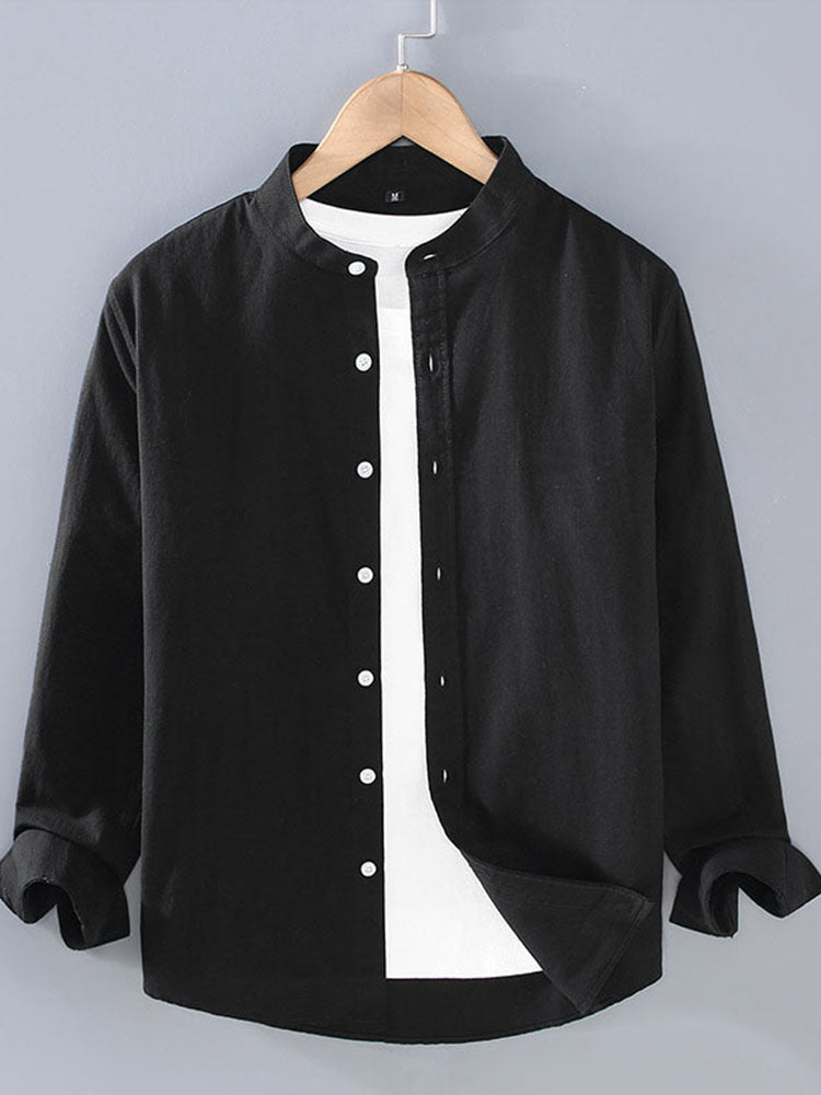 Men's Solid Long Sleeve Henley Collar Linen Shirt