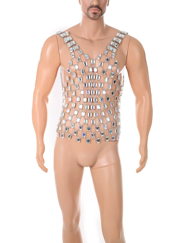 Men's Shiny Acrylic Imitation Diamond V-Neck Vest