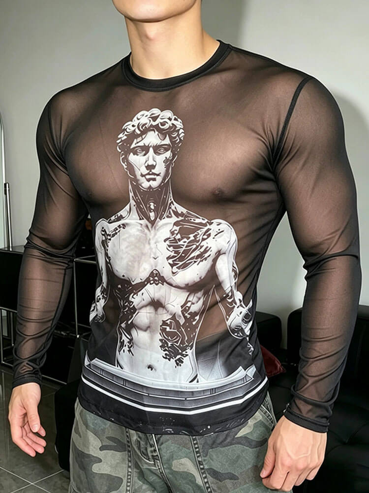 Men's David Statue Sheer Mesh Long Sleeve Shirt