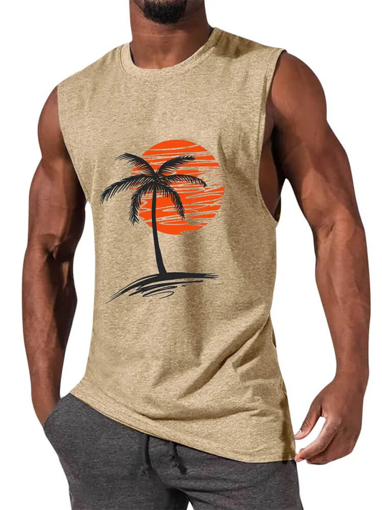 Men's Sunset Coconut Tree Print Solid Tank Top