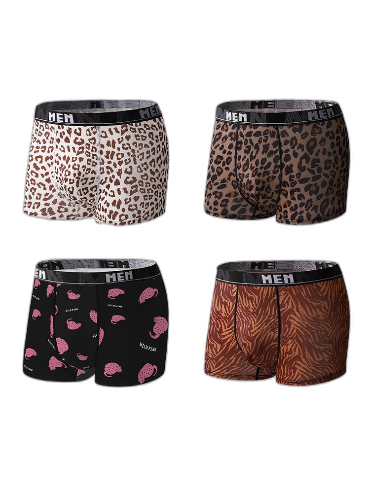 4-Pack Men's Leopard Print Mid-Rise Breathable Trunks