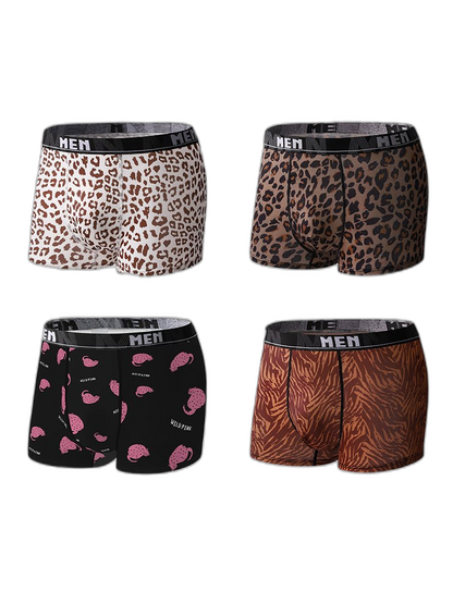4-Pack Men's Leopard Print Mid-Rise Breathable Trunks