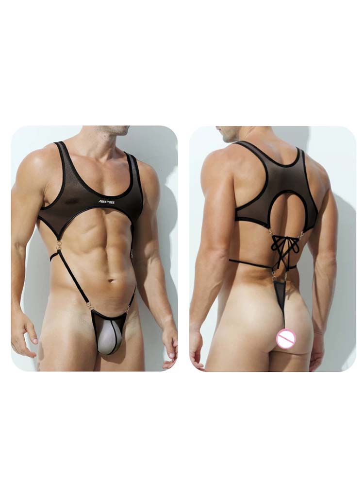 Men's Sheer Skinny Sleeveless Thong Bodysuit