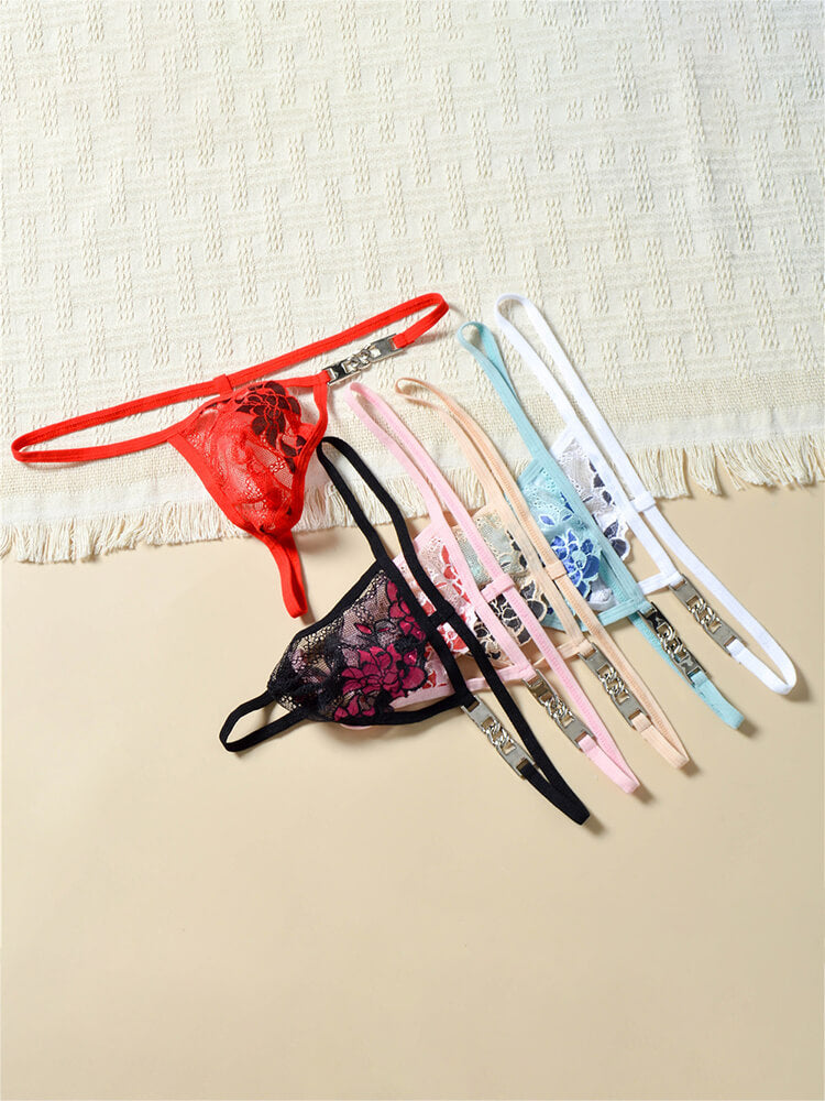 Men's Floral Embroidered Lace Metal Chain Thong
