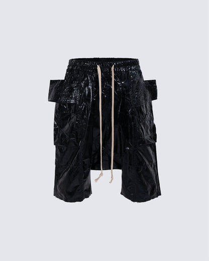 New Glossy Coated Gothic Cargo Denim Shorts