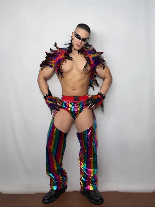 Men's Rainbow Feather Metallic Performance Costume Set