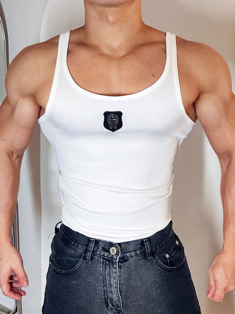 Men's Leather Badge Elastic Versatile Sports Vest
