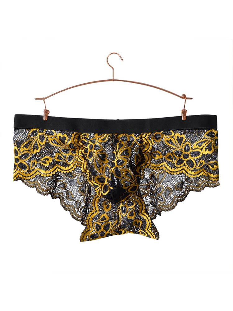 Men's Floral Embroidered Mesh Lace Trim Briefs