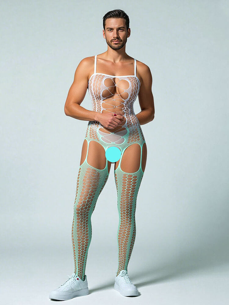 Men's Fishnet Cutout Open-Crotch Gradient Bodysuit