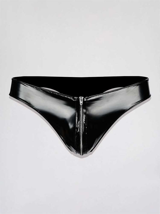 Men's Zipper Design Sexy Patent Leather Thong
