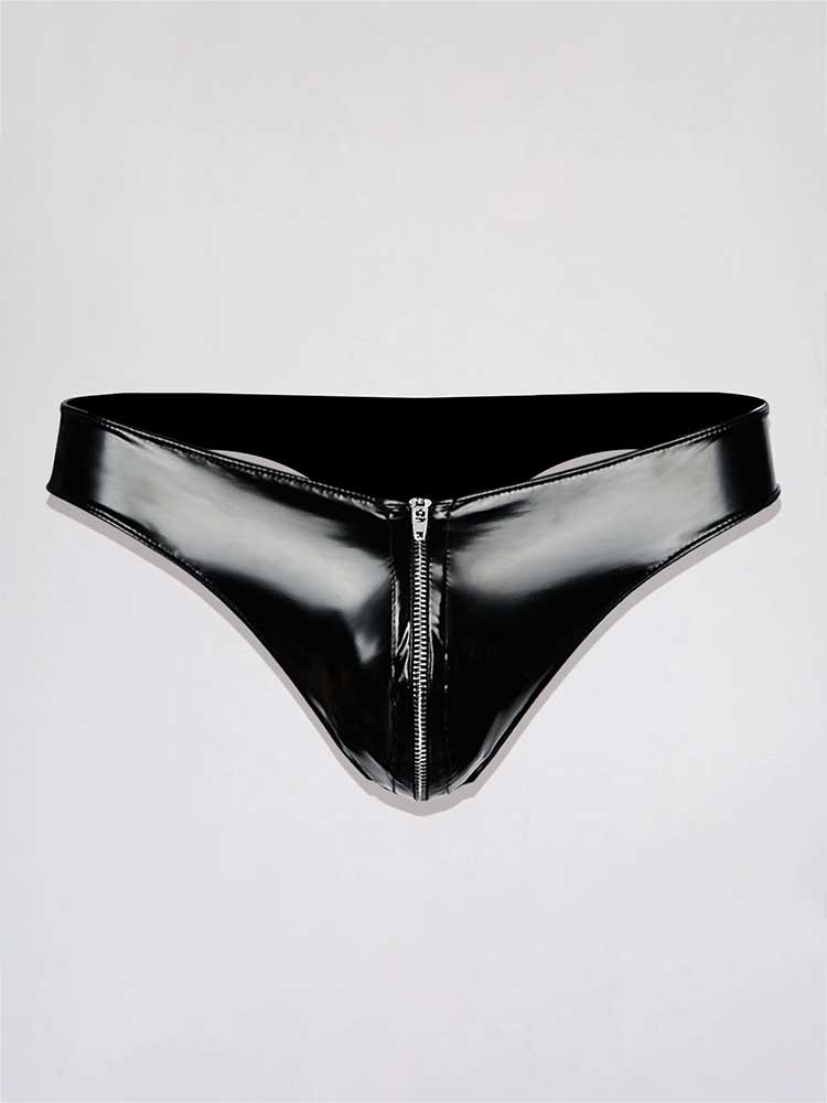 Men's Zipper Design Sexy Patent Leather Thong
