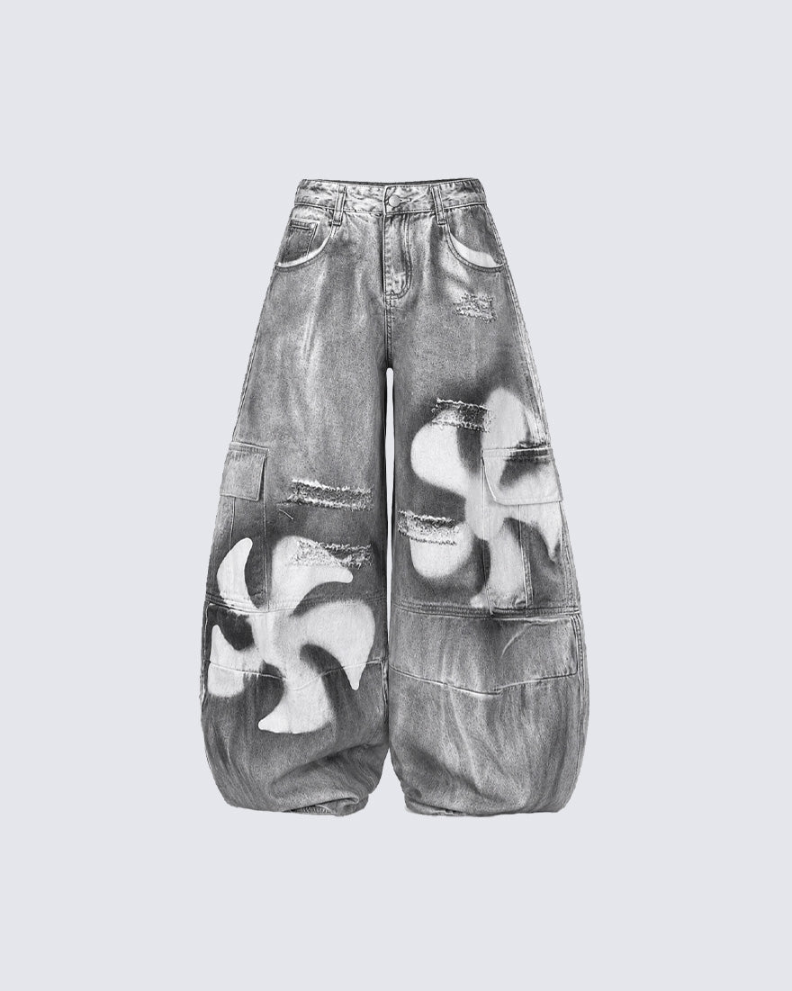 Painted Fan Design Denim Pants