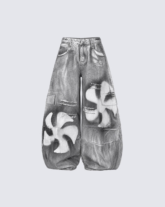 Painted Fan Design Denim Pants