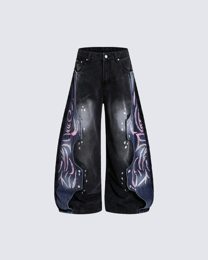 Street-Style Hand-Painted Graffiti Color-Blocked Jeans