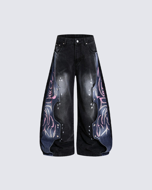 Street-Style Hand-Painted Graffiti Color-Blocked Jeans