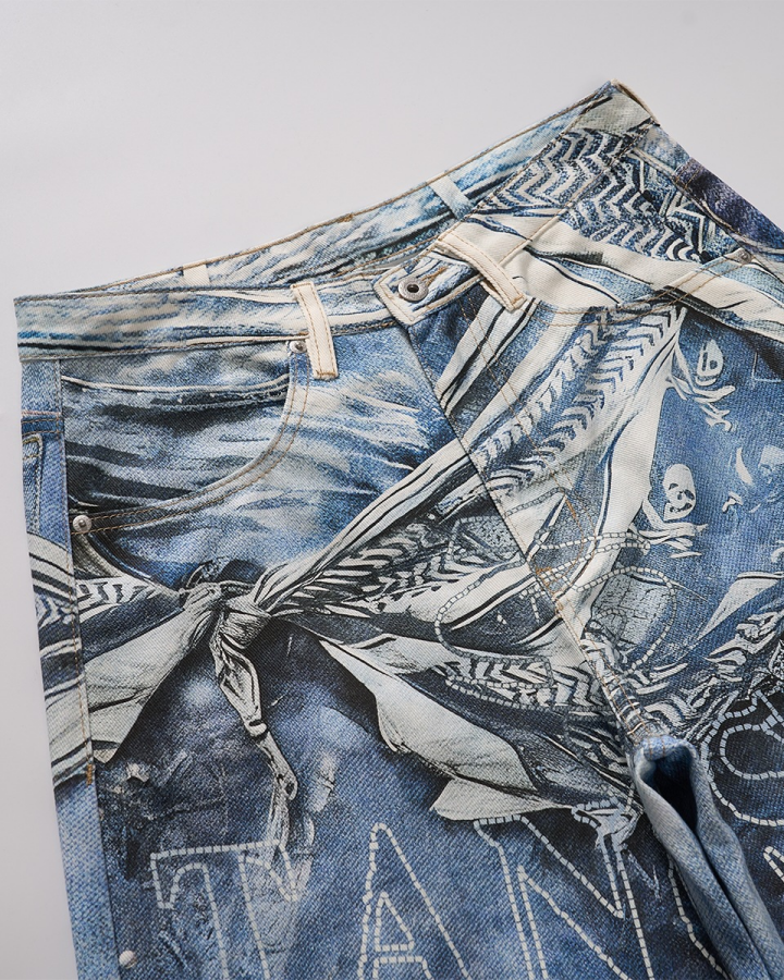 Studded Hand-Painted Cartoon Washed Men's Jeans