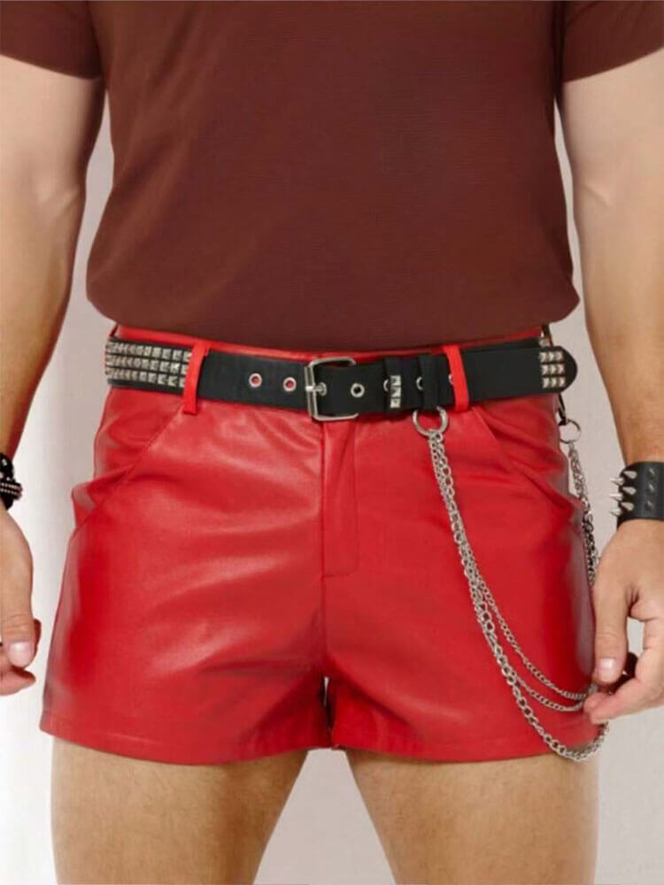 Men's Solid Color PU Leather Tight Shorts