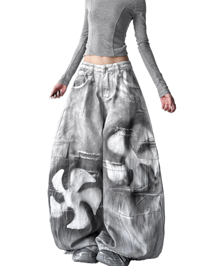 Painted Fan Design Denim Pants