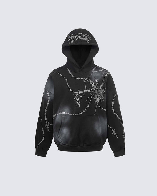 High-Street American Distressed Chain Cross Hoodie