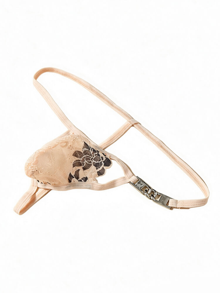 Men's Floral Embroidered Lace Metal Chain Thong