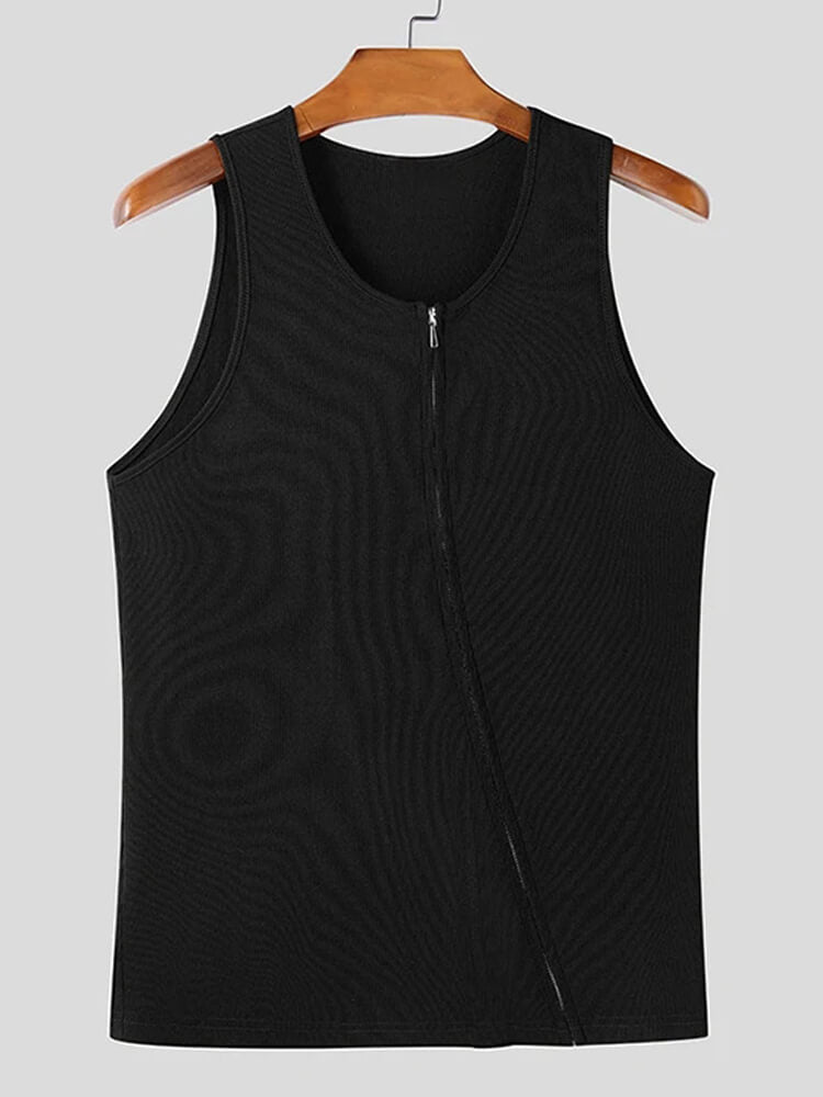 Men's Asymmetric Diagonal Zipper Solid Color Vest