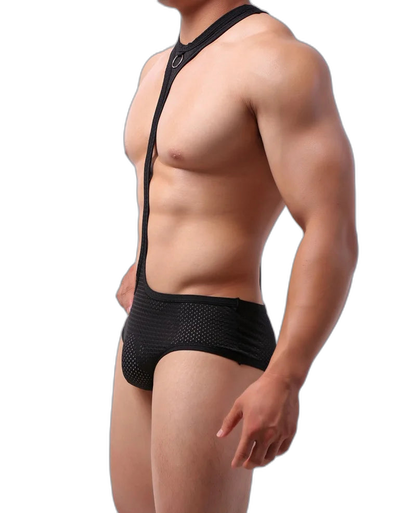 Black Breathable Mesh Gay Bodysuit