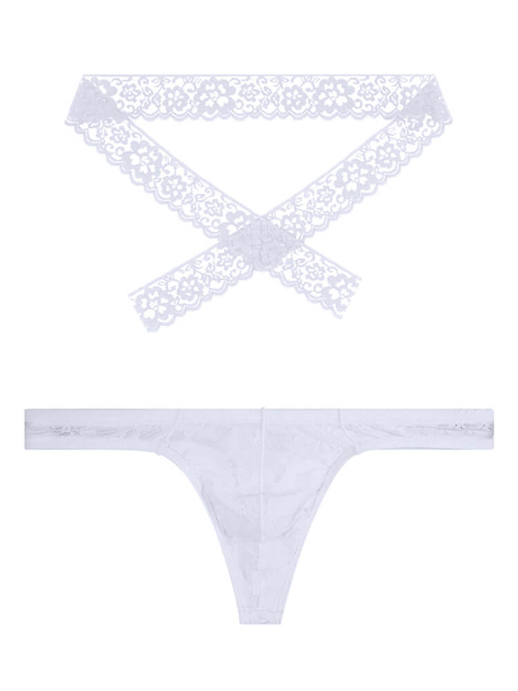 Men's Sheer Lace Multi-Way Strappy Thong Set