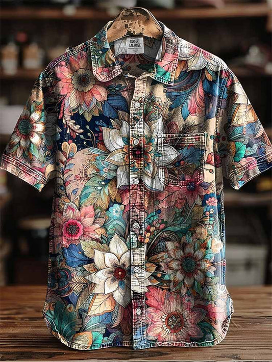 Vintage Floral Print Short-Sleeved Shirt