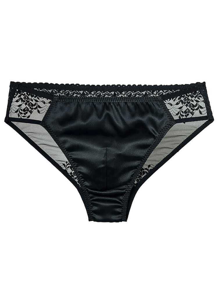 Men's Sexy Transparent Lace Patchwork Silk Briefs