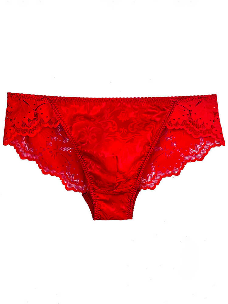 Men's Sexy Low-Rise Red Lace Seamless Silk Briefs