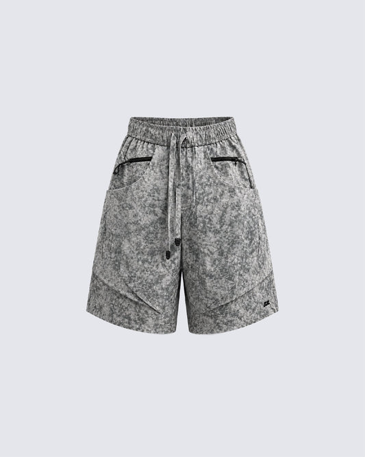 Grey Floral-Texture Utility Drawstring Shorts New
