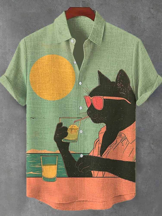 Casual Sunset Seaside Black Cat Print Holiday Shirt