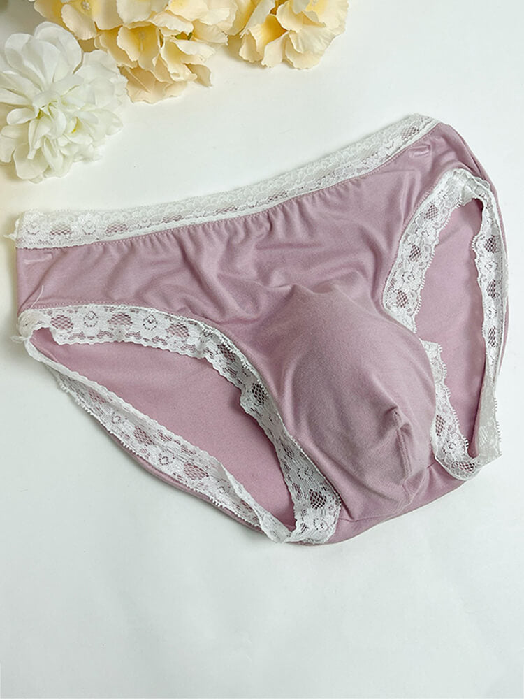Men's Sexy Solid-Color Lace-Trim Comfortable Briefs
