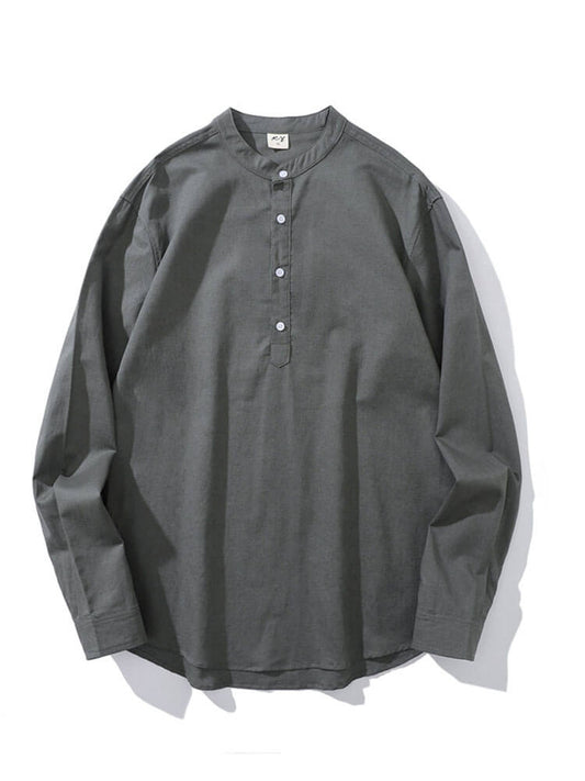 Men's Crew Neck Cotton-Linen Long-Sleeve Shirt