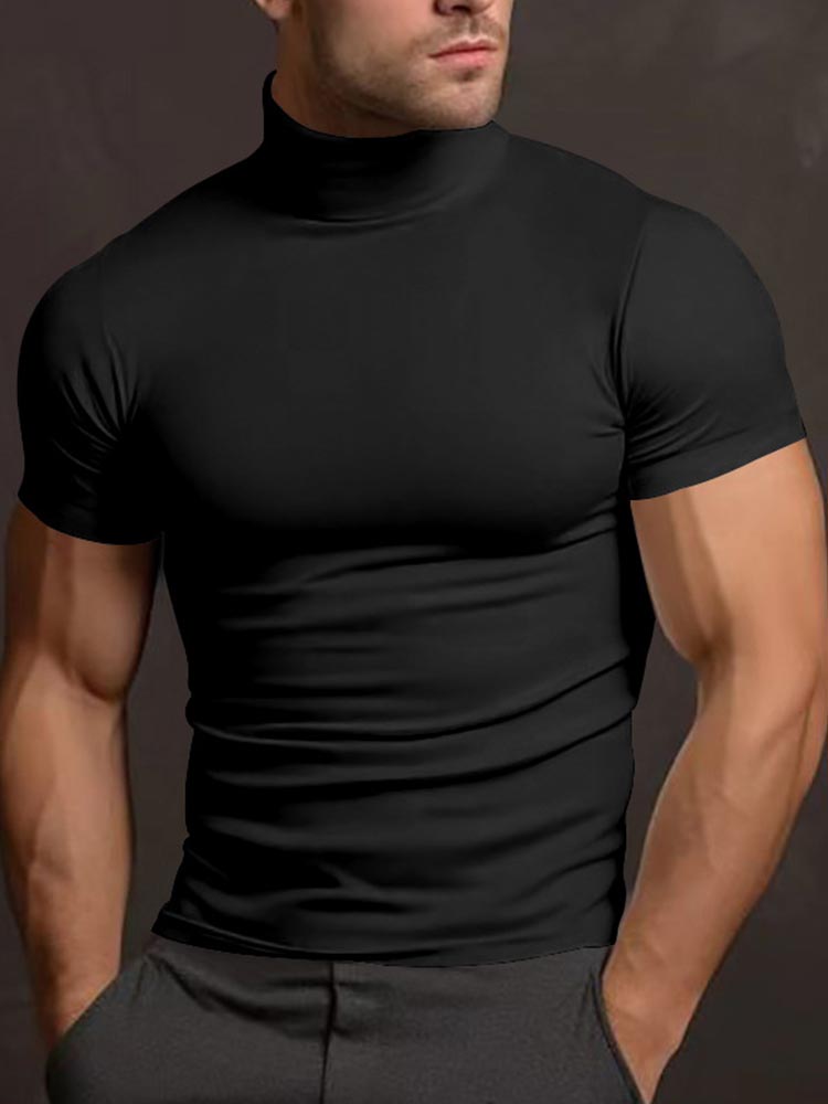 Men's Solid Color Short-sleeved High-neck T-shirt 