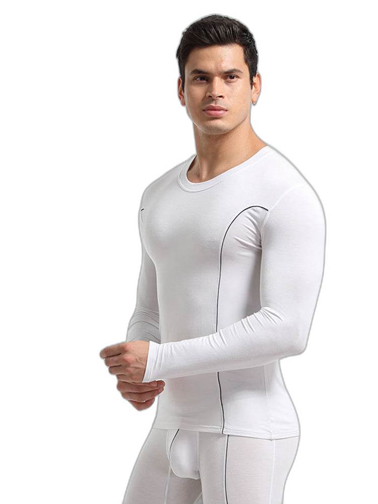 Men's Round Neck Solid Color Bamboo Fiber Thermal Underwear Set