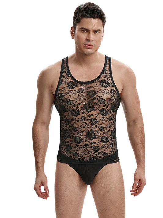 Men's Breathable Sexy Lace Rose Tank Tops